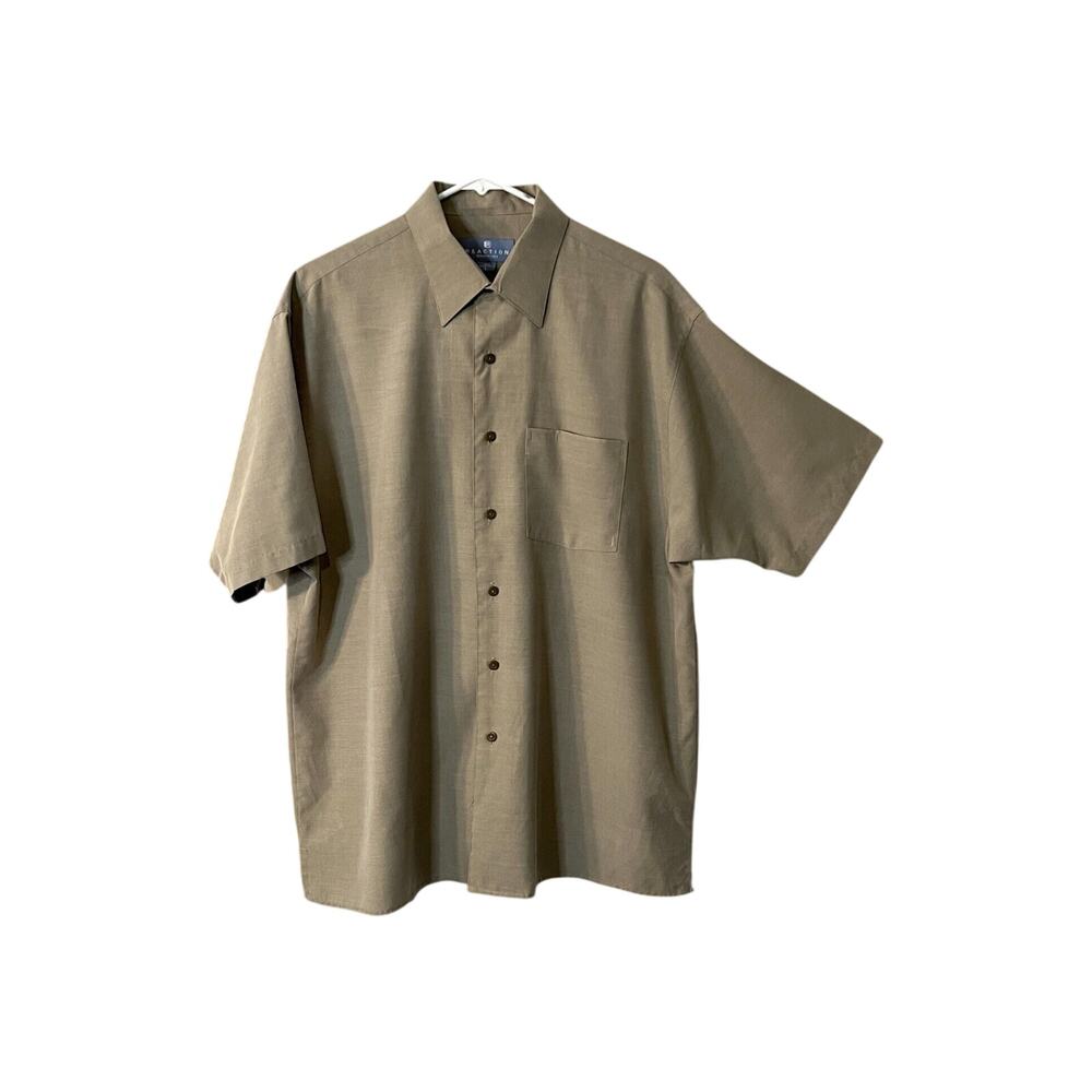 Kenneth Cole Reaction Shirt Mens Size L Tan Short Sleeve Button Up Collar Pocket